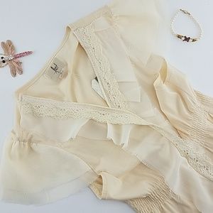 New Lost Vintage Inspired Sheer Cream Blouse Lace Trim Ruffle Cottagecore Top S